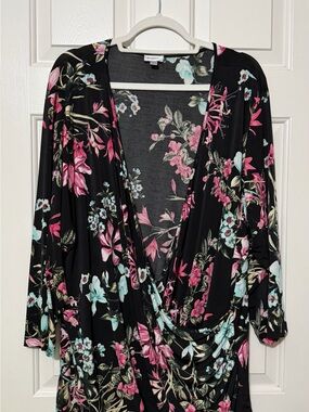 Avenue Black Floral Wrap-Style Top with Pink and Aqua Flowers